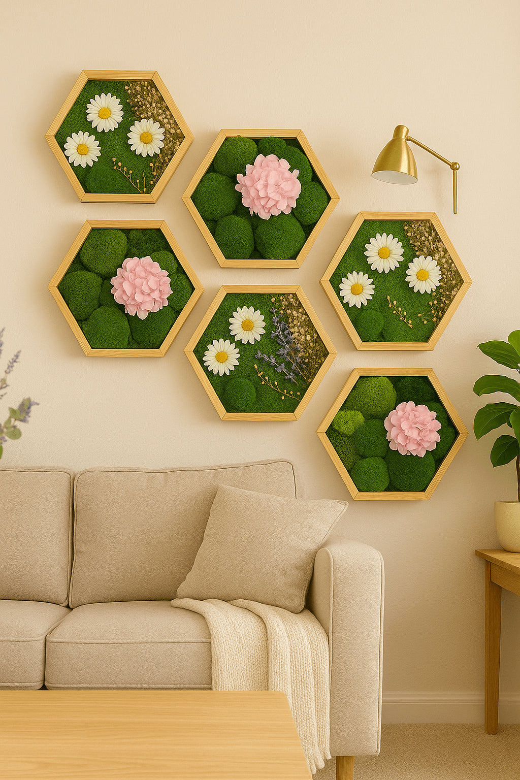 Mehrere Hexagonbilder, angeordnet als Muster an einer Wohnzimmerwand