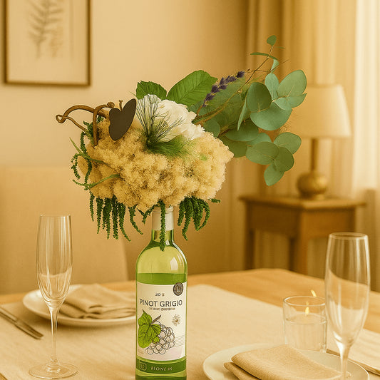 Edler, besonderer Blumenstrauß mit Bio-Weißwein auf einem Küchentisch, welcher gedeckt ist