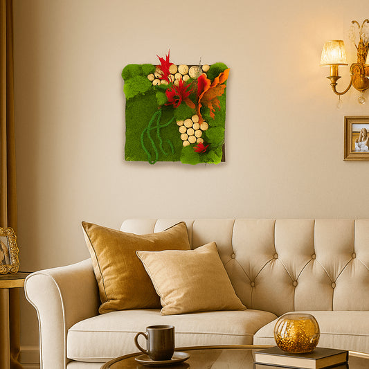 Einzigartiges Moosbild von DesignmitGruen an einer Wand in einem Wohnzimmer
