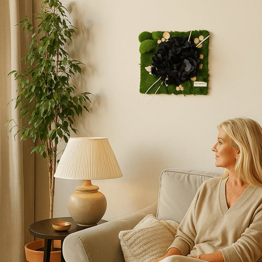 Moosbild "Schwarz" von DesignmitGruen an einer Wohnzimmerwand