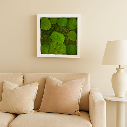Moosbild "Moos" an einer Wohnzimmerwand hinter einer Couch