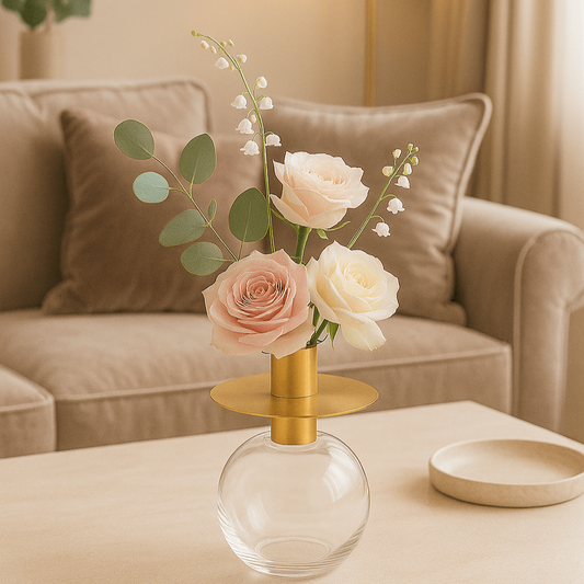 Edle, goldene Glasvase mit Blumen auf einem Wohnzimmertisch