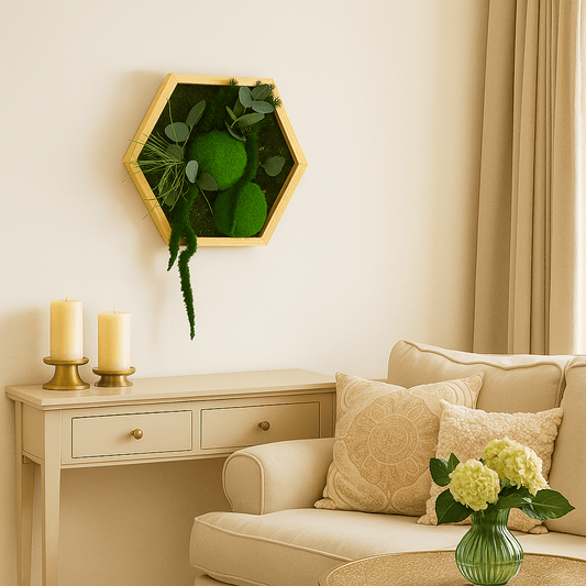Besonderes, einzigartiges Hexagonmoosbild in einem Wohnzimmer