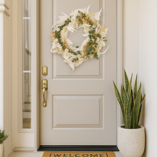 Ein heller Naturkranz an einer Eingangstür