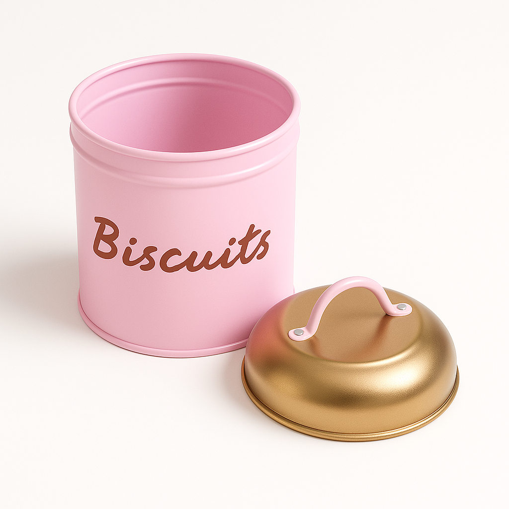 Eine rosa Vintage-Keksdose mit dem Wort Biscuits