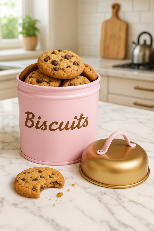 Eine rosa Vintage-Keksdose, gefüllt mit Keksen in einer Küche