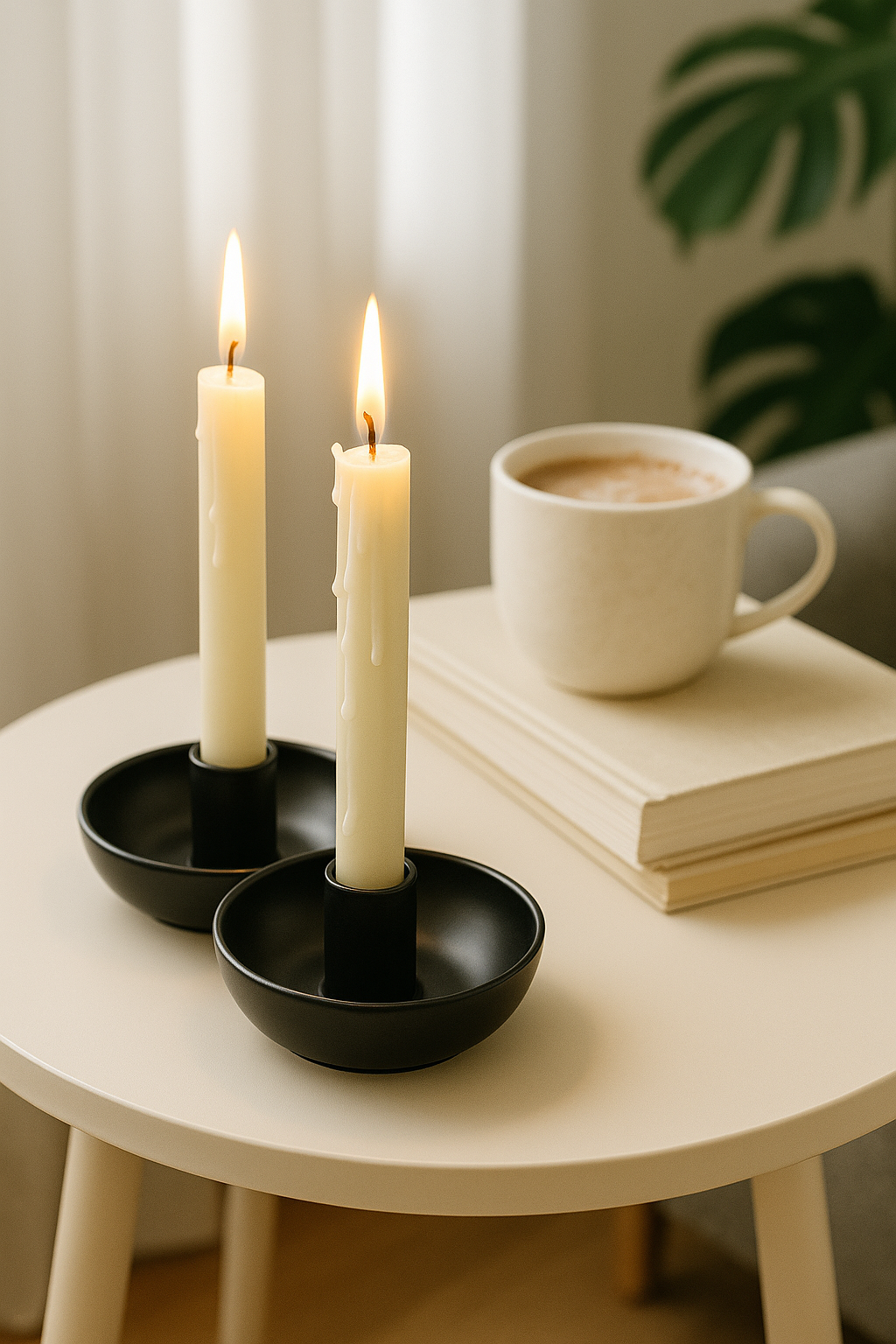 Zwei schwarze Kerzenständer mit brennenden Kerzen auf einem Beistelltisch