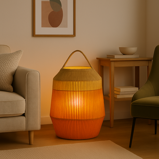 Eine bauchige, orangene Stofflaterne steht in einem Wohnzimmer