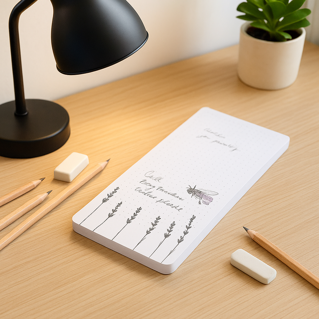 Ein Notizblock von Lütteblüten liegt auf einem Schreibtisch, drumherum Radiergummis und Bleistifte