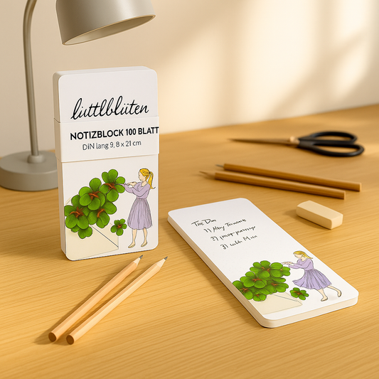 Lütteblüten Notizblock auf einem Schreibtisch