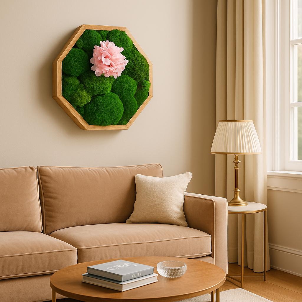 Hexagonmoosbild an einer Wand in einem Wohnzimmer