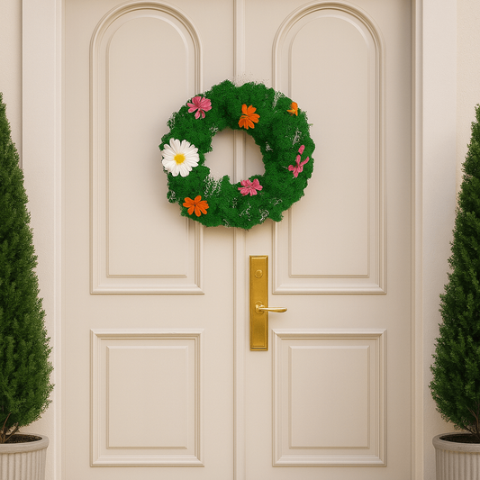 Ein grüner Mooskranz mit bunten Blumen an einer Haustür