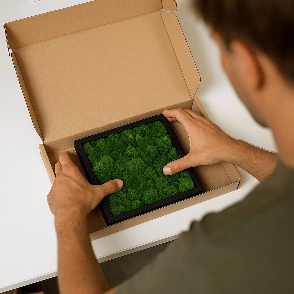 Ein Mitarbeiter verpackt ein Moosbild von DesignmitGruen