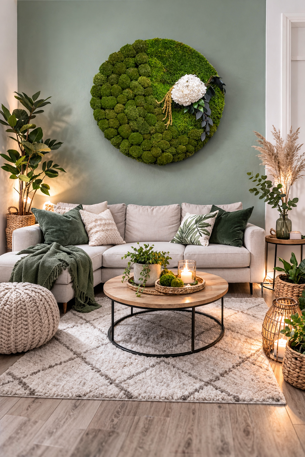 Rundes Moosbild mit Hortensie – Naturkunst in ihrer exklusivsten Form