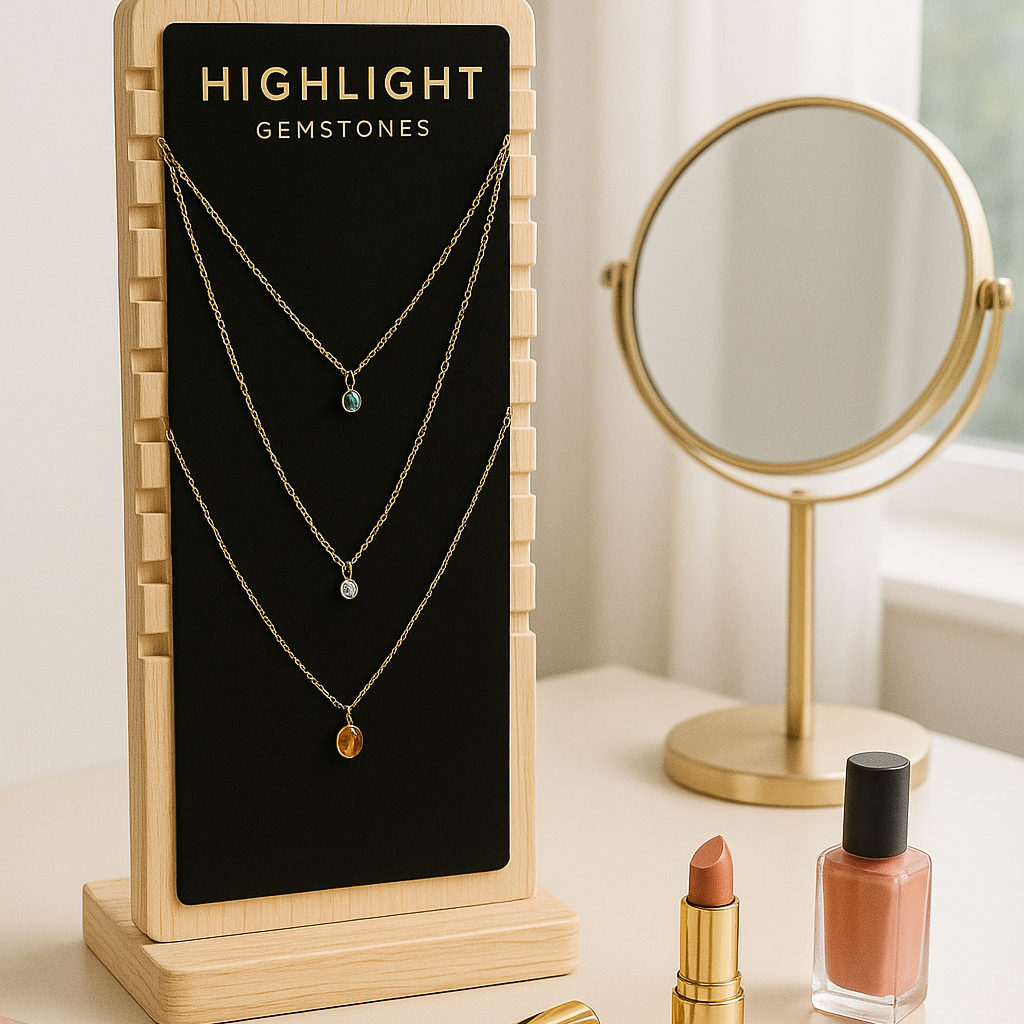 Ein Kettenständer mit Schmuck auf einem Schminktisch
