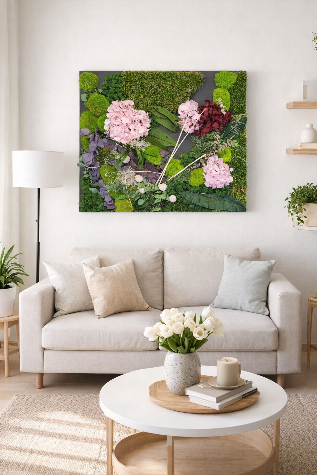 Moosbild mit Blüten – 50 × 50 cm | Schwarze MDF-Platte
